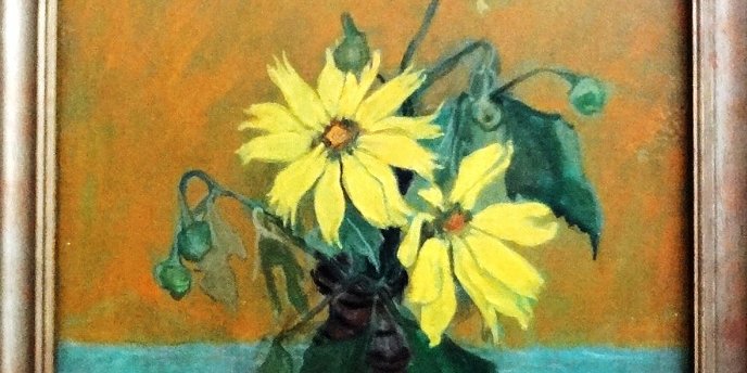 Alice Beautiful oil on board still life with potted yellow sun flowers. Board dimension is 18 by 22 inches. Signed in black in the lower right side. No frame. Oleo...